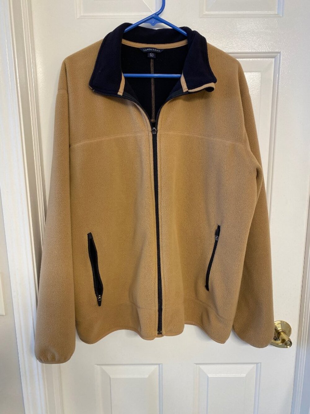 Lands' End Marinac Full Zip Fleece Jacket Men's L Tan Brown Cozy Windproof